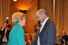 Sen. Elizabeth Warren (D-MA) thanks former NFL player, Kevin Turner, for attending the hearing and sharing his personal story with members of the committee and their staff's. 